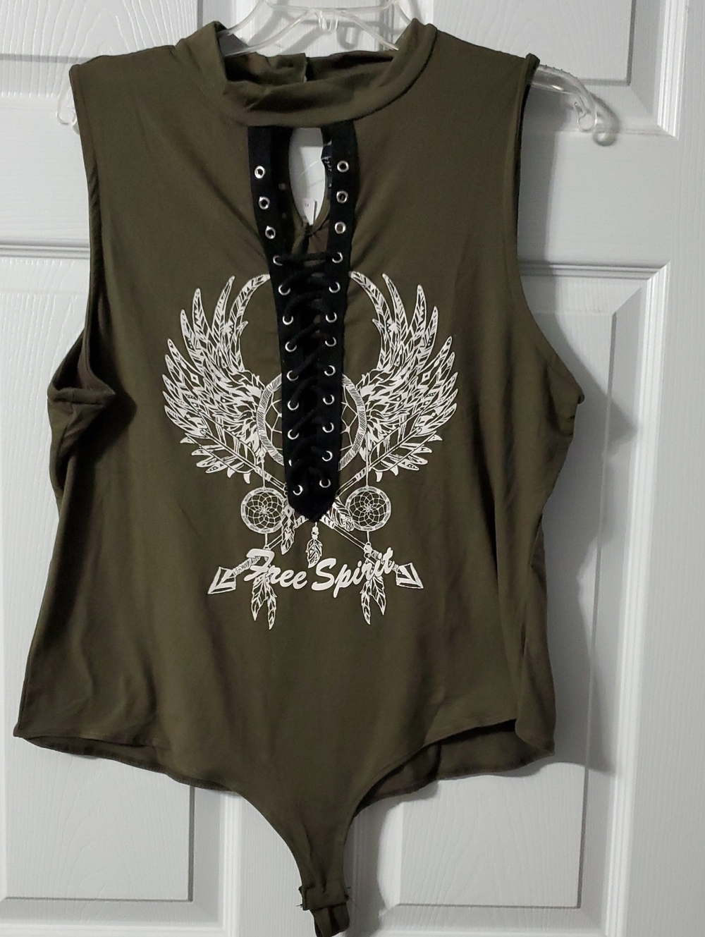 NWT Iris Olive Green Lace-Up 'Free Spirit' Graphic Bodysuitn
